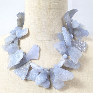 Blue Lace Agate Chunk Statement Necklace 19" Raw Crystal Slab Beaded Choker